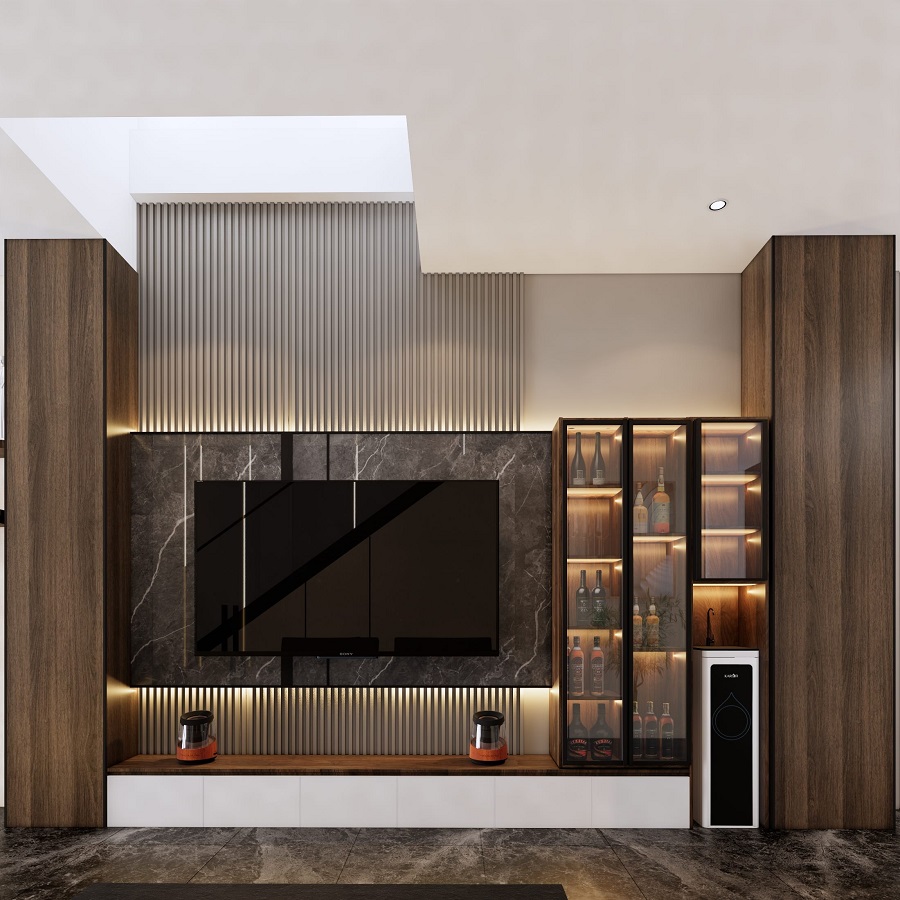 Tấm lam sóng kết hợp mẫu vân đá ốp cho vách tivi