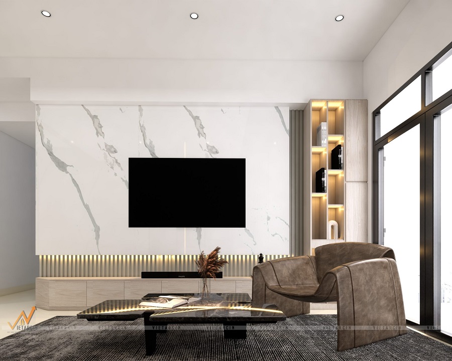 Mẫu vách tivi độc đáo với kết hợp 2 loại tấm ốp than tre