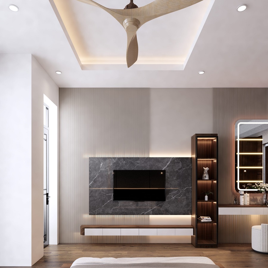 Mẫu vách tivi hiện đại cho không gian phòng ngủ kết hợp vân đá và lam sóng
