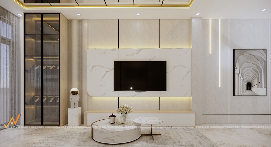 Mẫu vách tivi kết hợp vân vải và đá tạo nên phong cách tinh tế sang trọng
