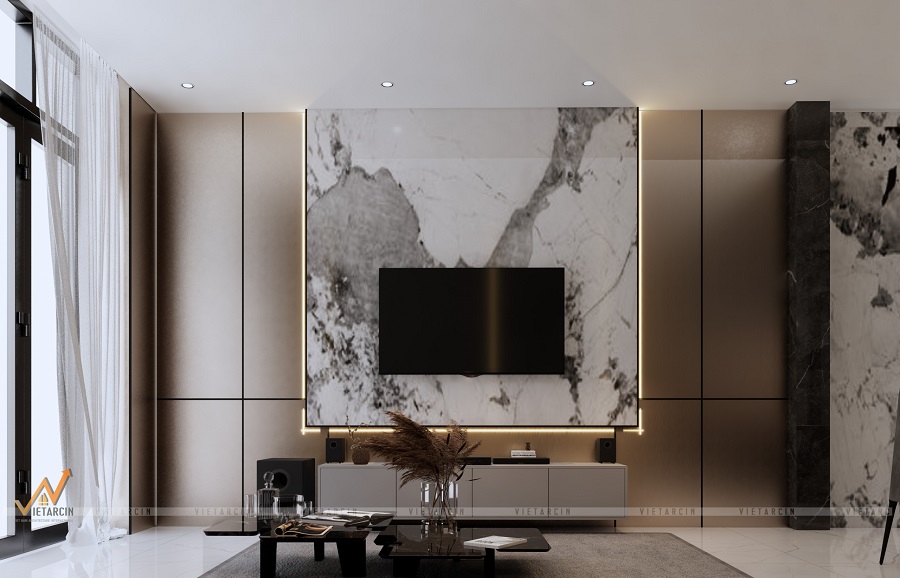 Mẫu vách tivi với sự kết hợp lạ mắt bởi tấm than tre vân đá và vân kim loại