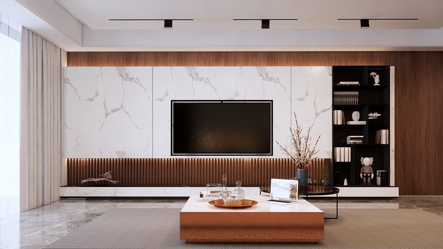 Mẫu vách tivi ốp với tấm lam sóng