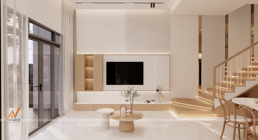 Mẫu vách tivi với tấm ốp than tre đơn sắc