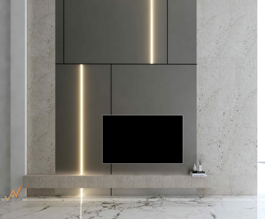 Ốp vách tivi phòng khách với vật liệu tấm ốp than tre kim loại