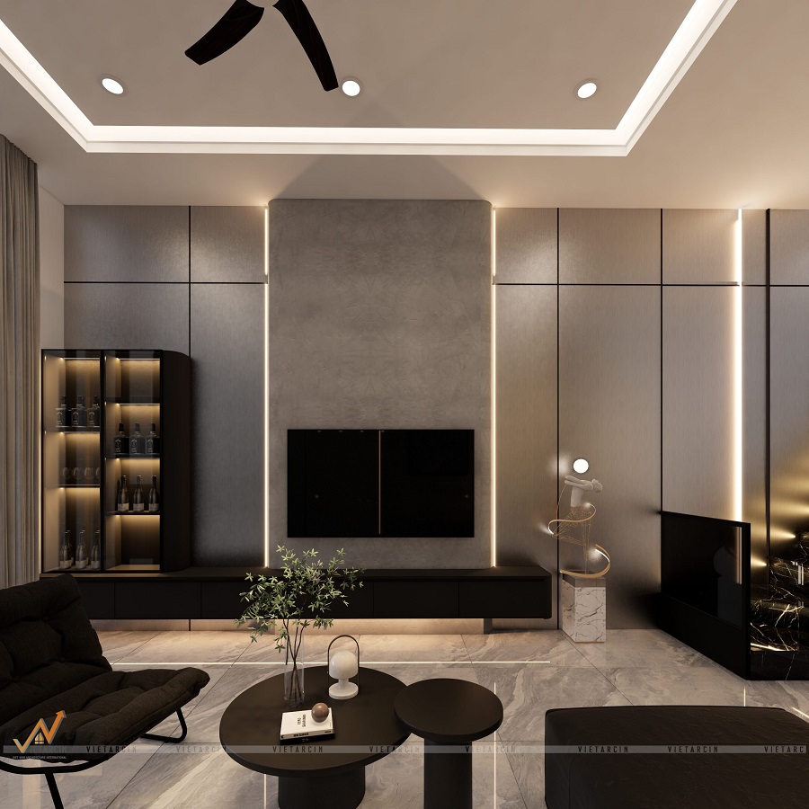 Mẫu vách tivi ốp tấm than tre vân kim loại lạ mắt