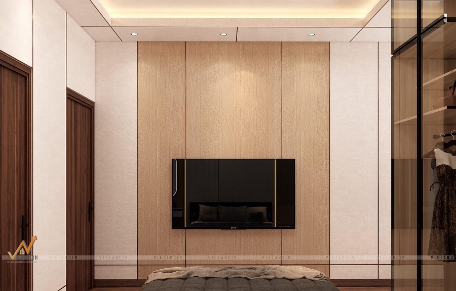 Mẫu vách tivi ốp vân gỗ tạo không gian tinh tế tối giản cho phòng ngủ