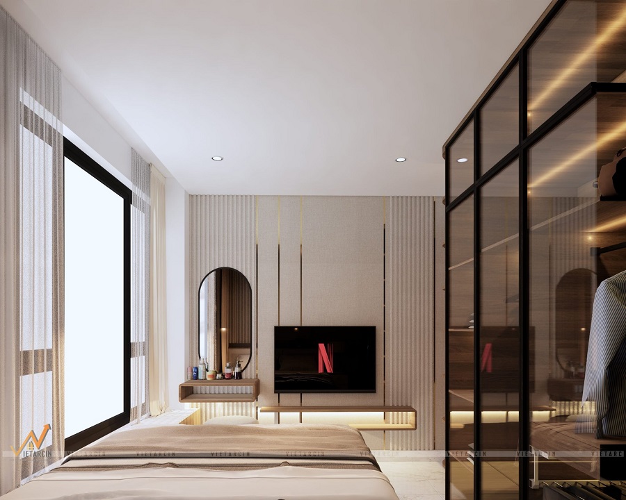 Vách tivi vân vải kết hợp nẹp vàng tinh tế sang trọng cho phòng ngủ