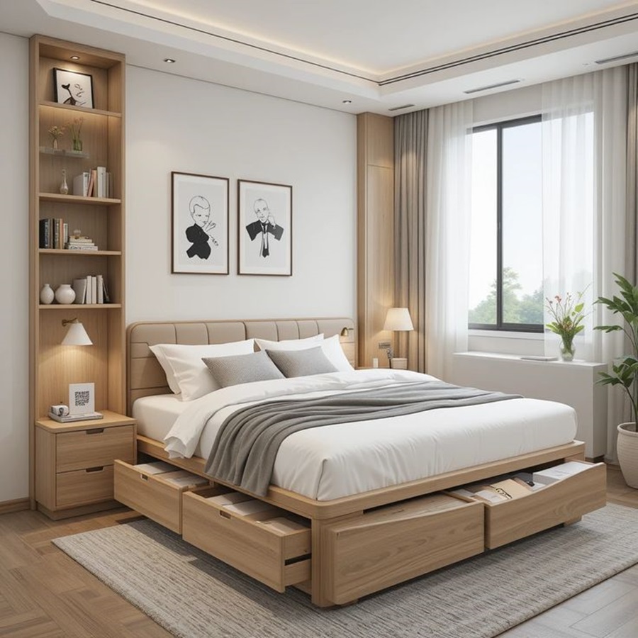 cải tạo phòng ngủ nhà phố với giường ngủ có hệ tủ bên dưới