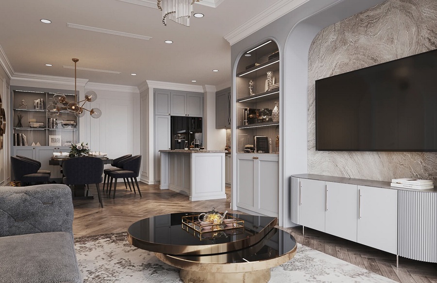 Mẫu cải tạo căn hộ chung cư 50m2 phòng khách liền bếp