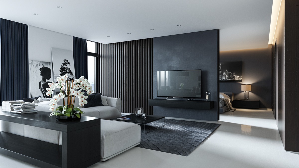 Mẫu cải tạo căn hộ chung cư 50m2 tông đen trắng