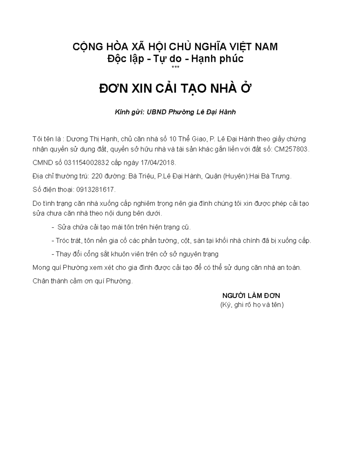 Tổng hợp 3 mẫu đơn xin cải tạo nhà ở mới nhất