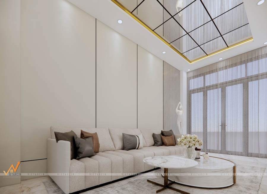 Vaidecor đơn vị thi công tấm ốp than tre Thủ Đức lý tưởng 5 Thiết kế trần nhà bằng tấm ốp than tre tráng gương cho trần nhà phòng khách được thực hiện bởi Vaidecor