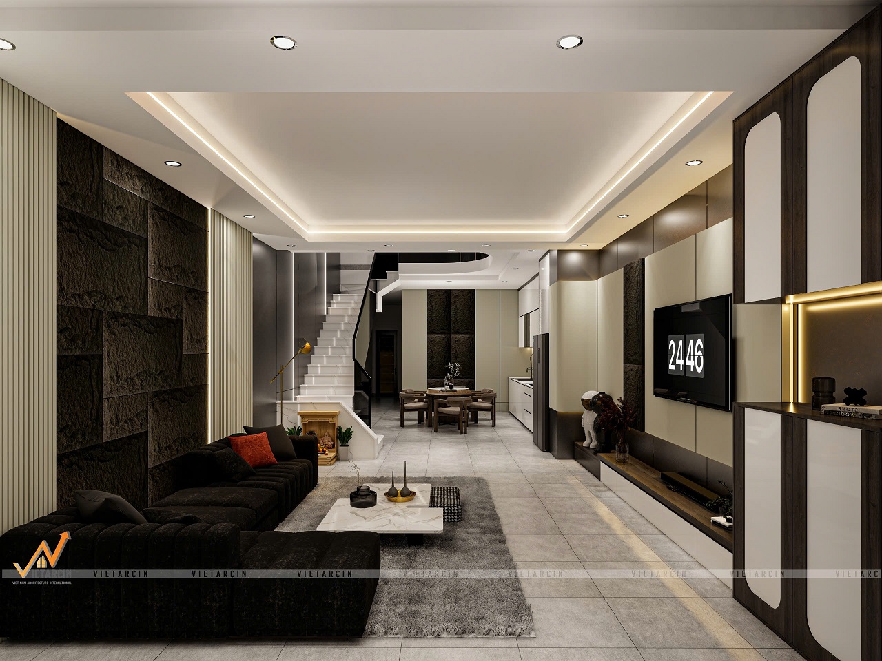Thiết kế và thi công nội thất nhà phố chị Hỷ - Bình Dương 1 Mẫu thiết kế phòng khách nhà phố chị Hỷ