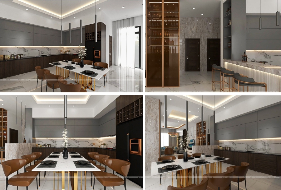Cải tạo phòng bếp kết hợp với quầy bar nhỏ, bàn ăn
