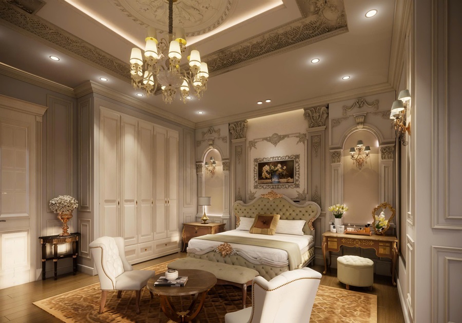 Cải tạo nội thất nhà phố theo phong cách cổ điển 8 Cải tạo phòng ngủ và hệ tủ nhà phố cổ điển sang trọng.