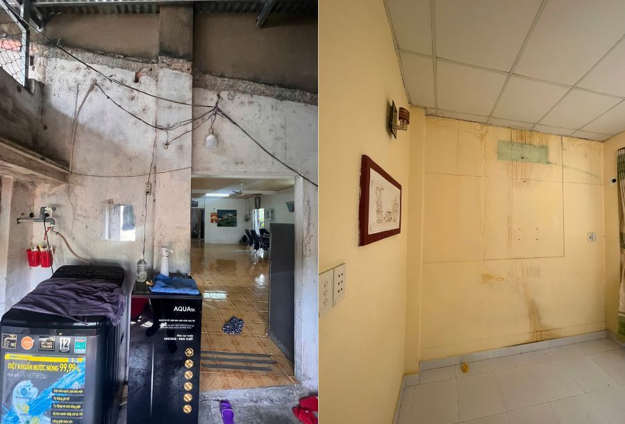 Cải tạo nhà cấp 4 chữ L: Lợi ích & ý tưởng độc đáo 2 Tường và trân nhà có dấu hiệu thấm nước, nấm mốc