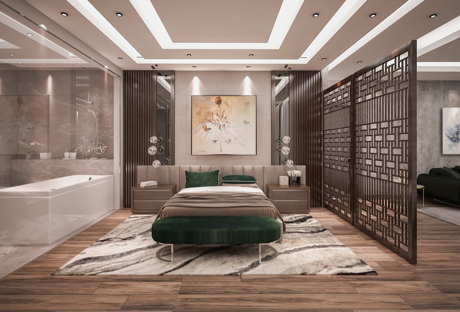 Vách ngăn phòng ngủ và phòng khách bằng gỗ
