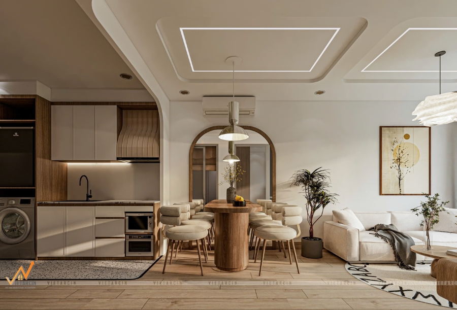 Bố trí không gian liên thông giữa phòng khách và phòng bếp giúp tối ưu diện tích cho nhà 30m2