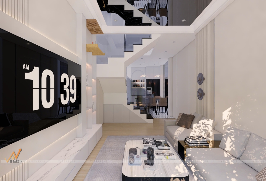 Thiết kế không gian liên thông giữa phòng khách và phòng bếp tạo cảm giác thoáng đãng